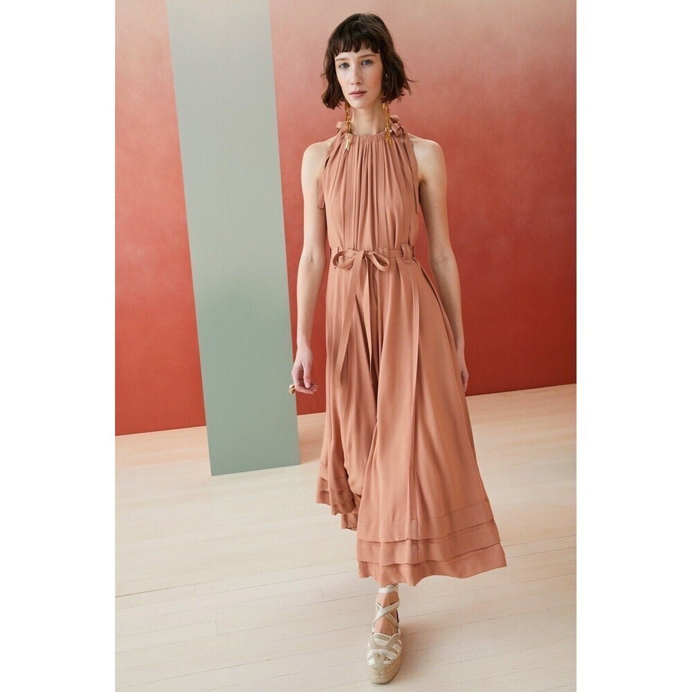 Ulla Johnson Joni Halter Poplin Midi Dress in Clay Size 12 Belted Tie Sleeve - Picture 3 of 10